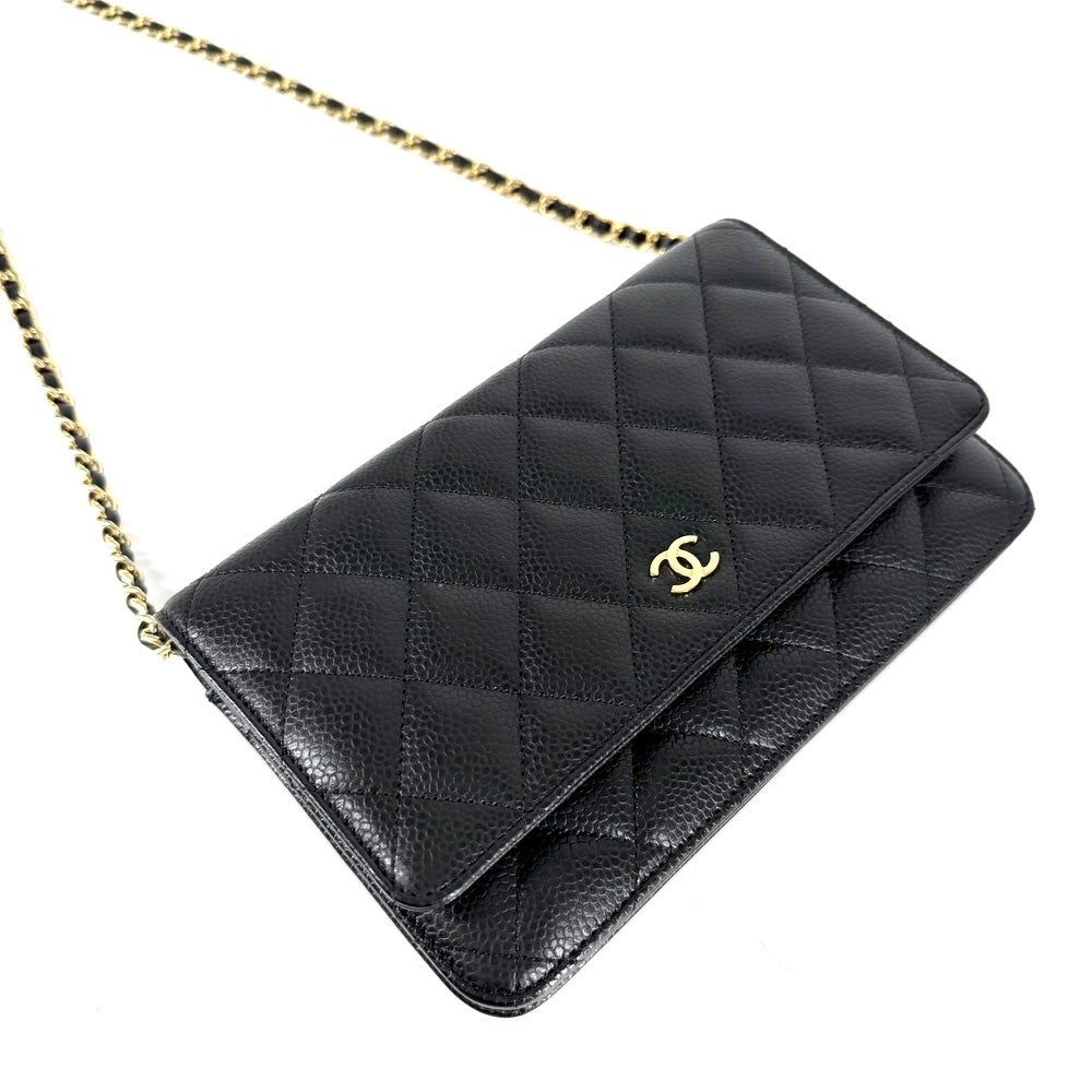 CHANEL シャネル チェーンウォレット マトラッセ ショルダーバッグ ココマーク 財布 キャビアスキン ブラック 黒 ゴールド金具 レディース【中古品】