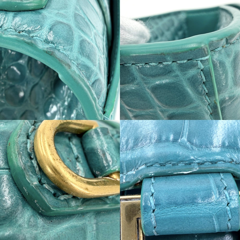 BALENCIAGA バレンシアガ 2WAY アワーグラス　XS ハンドバッグ ショルダーバッグ HOURGLASS クロコ型押し トップハンドル 592833 グリーン 緑 アンティークゴールド金具 レディース【中古品】
