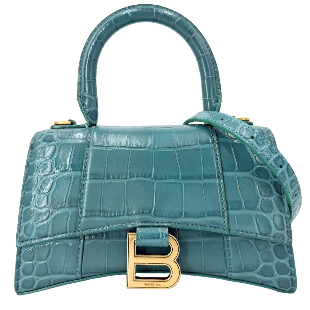 BALENCIAGA バレンシアガ 2WAY アワーグラス　XS ハンドバッグ ショルダーバッグ HOURGLASS クロコ型押し トップハンドル 592833 グリーン 緑 アンティークゴールド金具 レディース【中古品】
