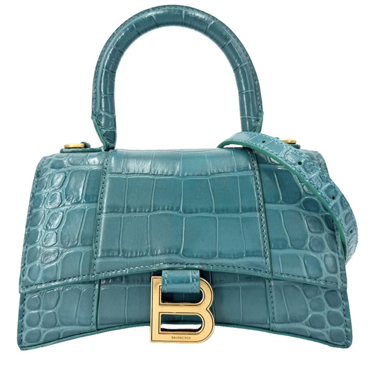BALENCIAGA バレンシアガ 2WAY アワーグラス　XS ハンドバッグ ショルダーバッグ HOURGLASS クロコ型押し トップハンドル 592833 グリーン 緑 アンティークゴールド金具 レディース【中古品】