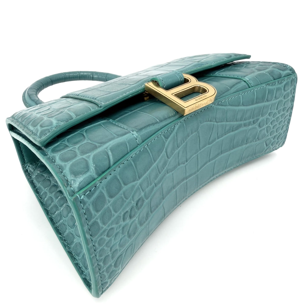 BALENCIAGA バレンシアガ 2WAY アワーグラス　XS ハンドバッグ ショルダーバッグ HOURGLASS クロコ型押し トップハンドル 592833 グリーン 緑 アンティークゴールド金具 レディース【中古品】