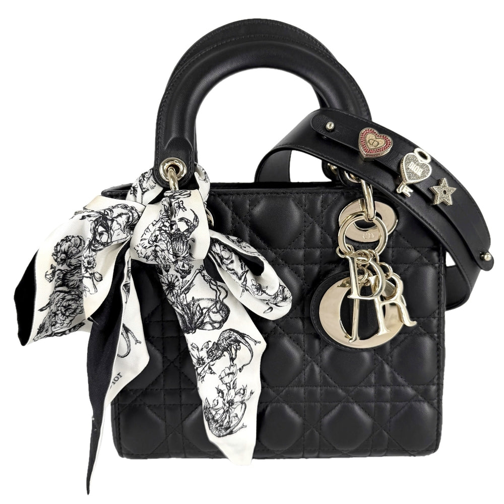 Christian Dior クリスチャンディオール 2WAY カナージュ レディディオール スモール ハンドバッグ ショルダーバッグ My ABCDior ミッツァ付き ラムスキン ブラック 黒 ゴールド金具 レディース【中古品】