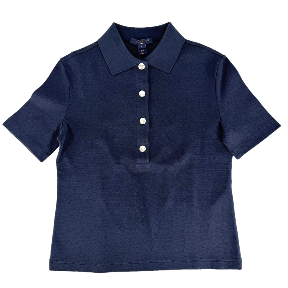 LOUIS VUITTON ルイヴィトン ポロシャツ モノグラムピケ トップス 半袖 アパレル 服 S ネイビー 紺 シルバー金具 夏 コットン レディース【中古品】