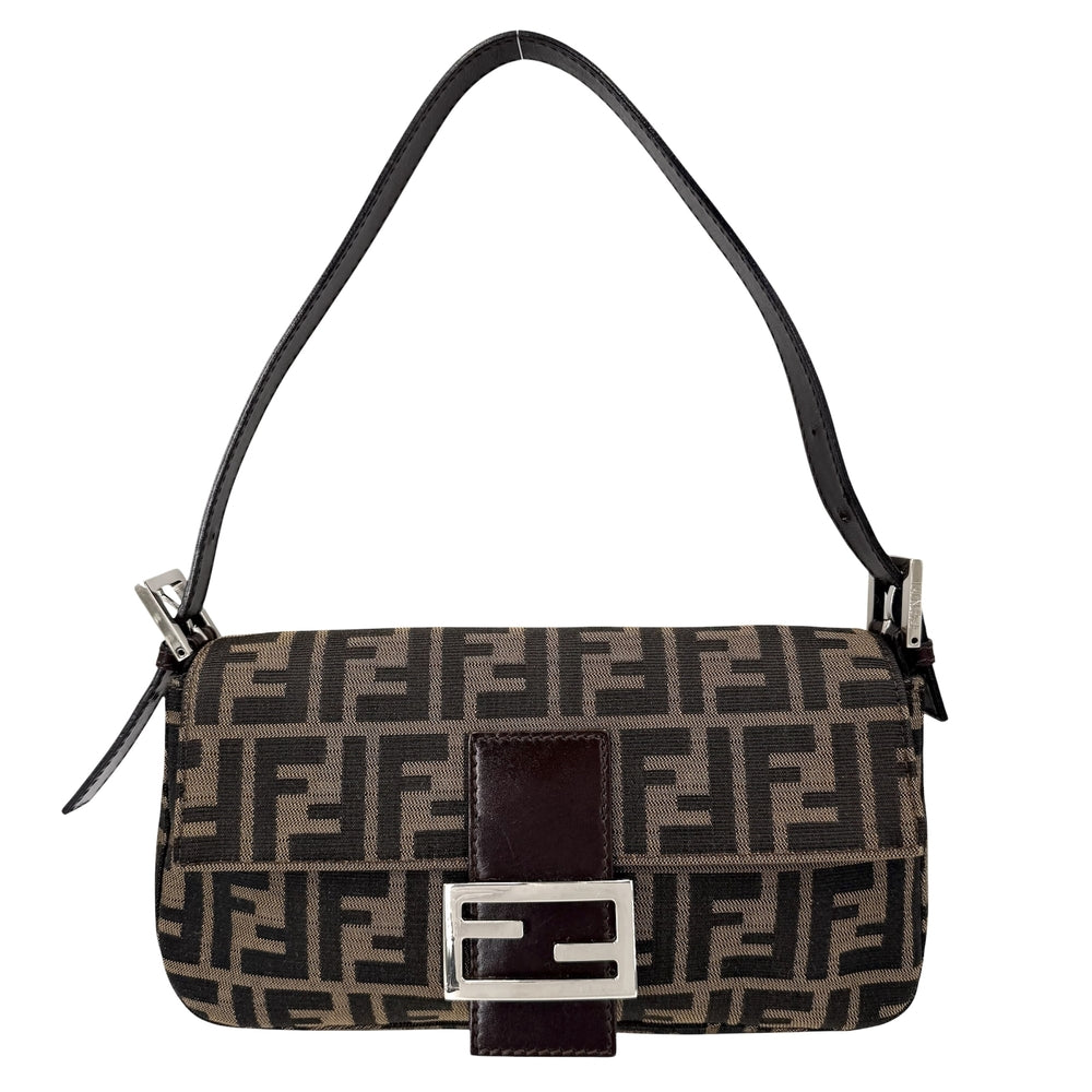 FENDI フェンディ ショルダーバッグ ズッカ マンマバケット 26424 キャンバス レザー ブラウン 茶 シルバー金具 レディース【中古品】