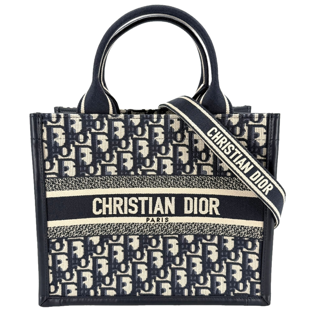 Christian Dior クリスチャンディオール 2WAY ブックトート オブリーク ショルダーバッグ トートバッグ コットンキャンバス カーフスキン ネイビー 紺 ベージュ レディース【中古品】
