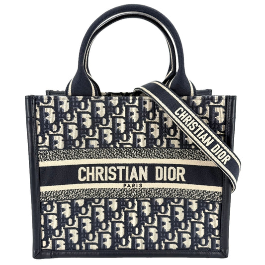 Christian Dior クリスチャンディオール 2WAY ブックトート オブリーク ショルダーバッグ トートバッグ コットンキャンバス カーフスキン ネイビー 紺 ベージュ レディース【中古品】