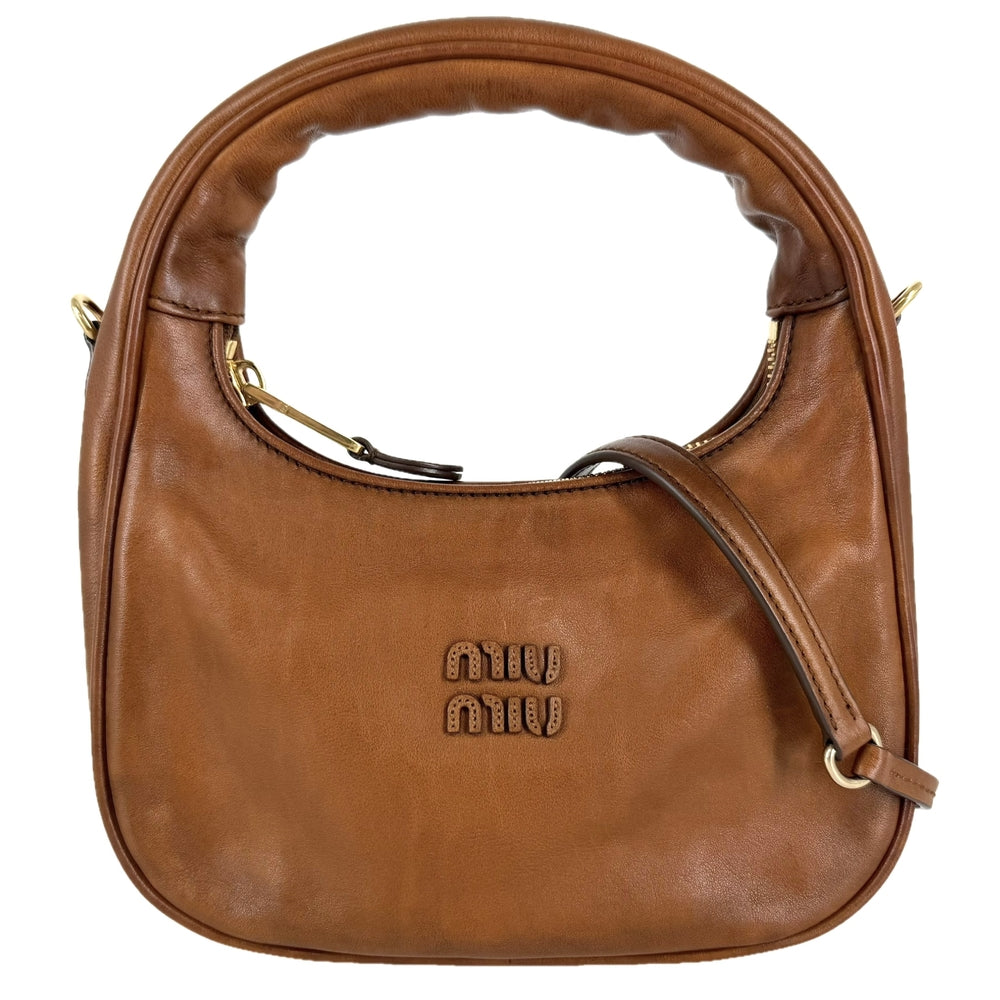 MIUMIU ミュウミュウ 2WAY ロゴ ホーボー ショルダーバッグ ハンドバッグ 5BC125 レザー ブラウン 茶 ゴールド金具 レディース【中古品】