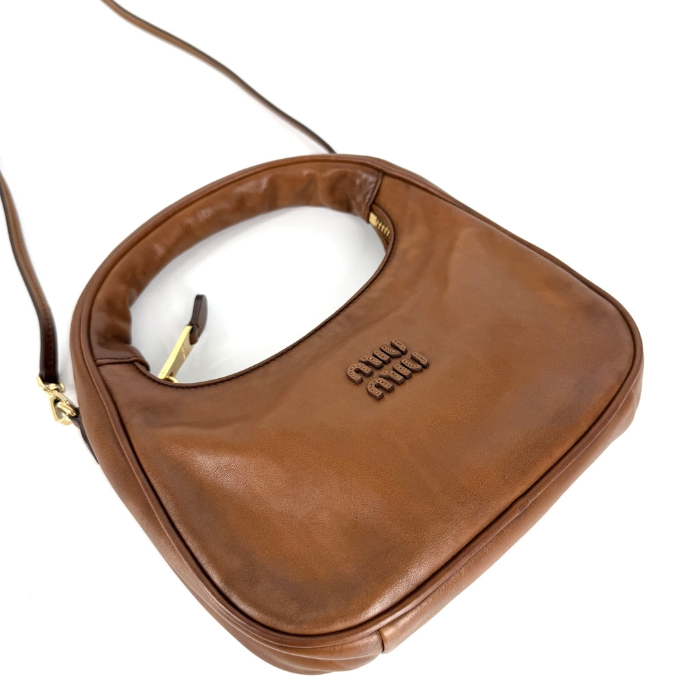MIUMIU ミュウミュウ 2WAY ロゴ ホーボー ショルダーバッグ ハンドバッグ 5BC125 レザー ブラウン 茶 ゴールド金具 レディース【中古品】