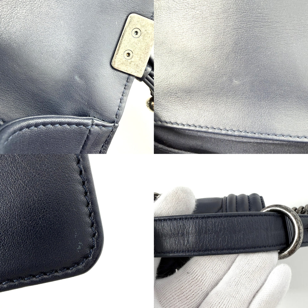 CHANEL シャネル ショルダーバッグ マトラッセ ボーイシャネル ラムスキン ネイビー 紺 シルバー金具 レディース【中古品】