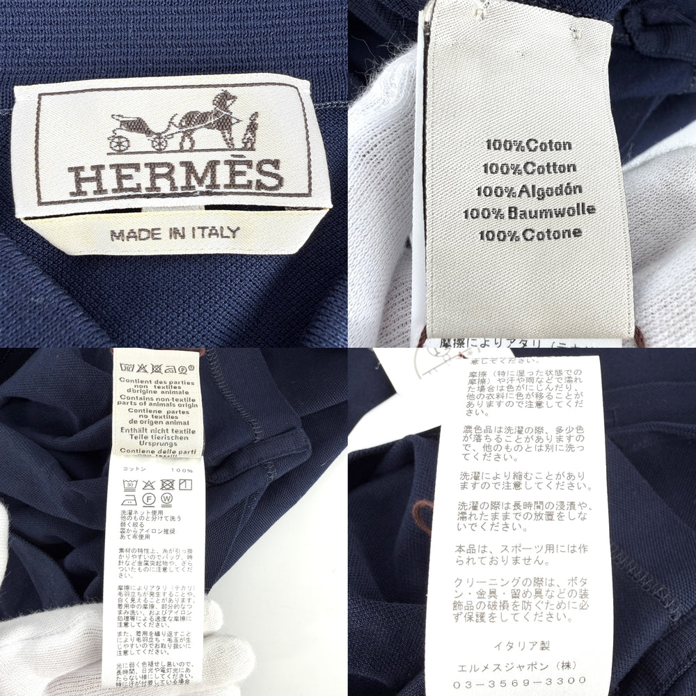 HERMES エルメス ポロシャツ H刺繍 アパレル トップス 服 L ネイビー 紺 春 夏 コットン メンズ【中古品】