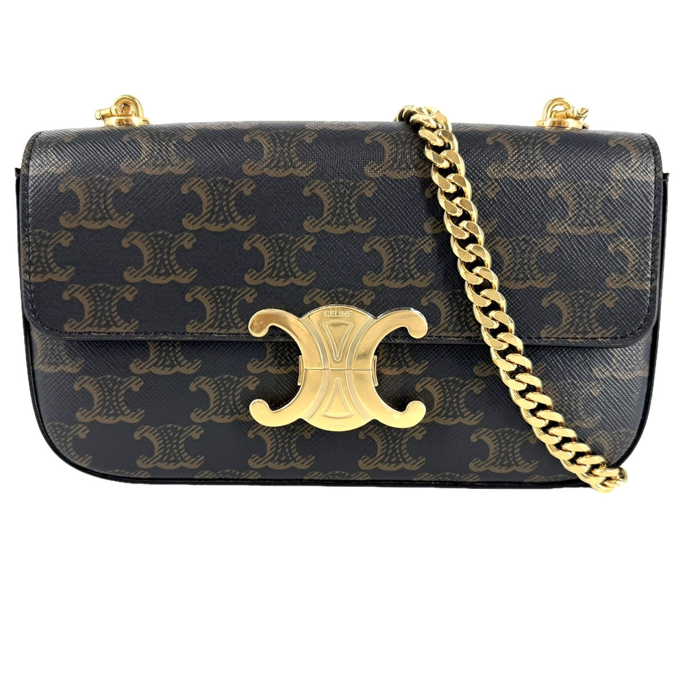 CELINE セリーヌ ショルダーバッグ トリオンフ チェーン PVCコーティングキャンバス ブラウン 茶 ゴールド金具 レディース【中古品】