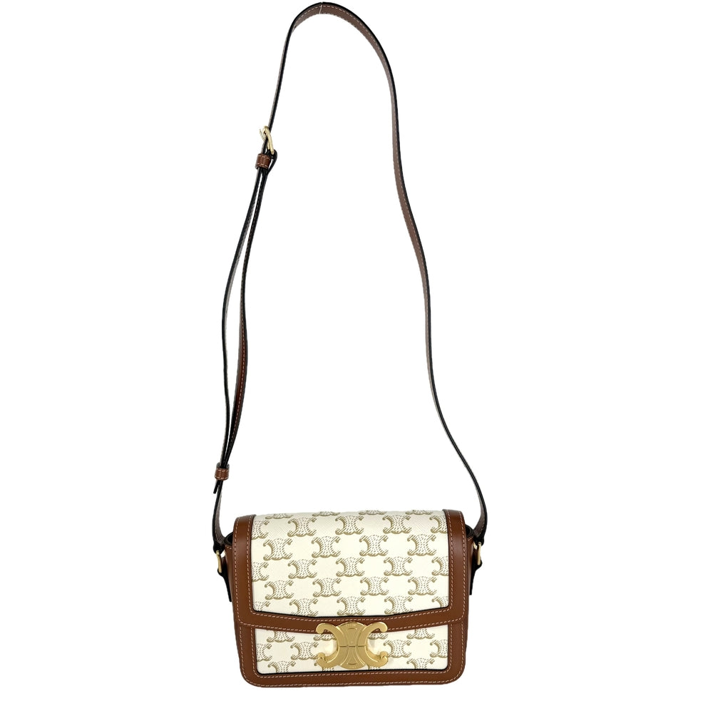 CELINE セリーヌ ショルダーバッグ ティーントリオンフ コーティングキャンバス ホワイト 白 ブラウン 茶 ゴールド金具 レディース【中古品】