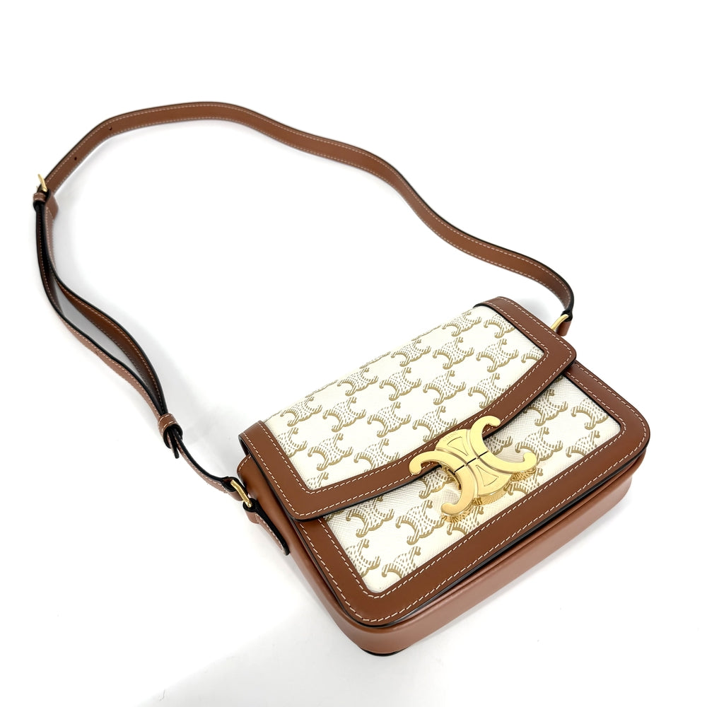 CELINE セリーヌ ショルダーバッグ ティーントリオンフ コーティングキャンバス ホワイト 白 ブラウン 茶 ゴールド金具 レディース【中古品】