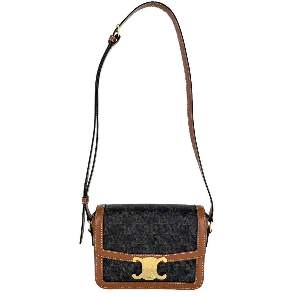 CELINE セリーヌ ショルダーバッグ ティーン トリオンフ PVCコーティングキャンバス レザー ブラウン 茶 ゴールド金具 レディース【中古品】