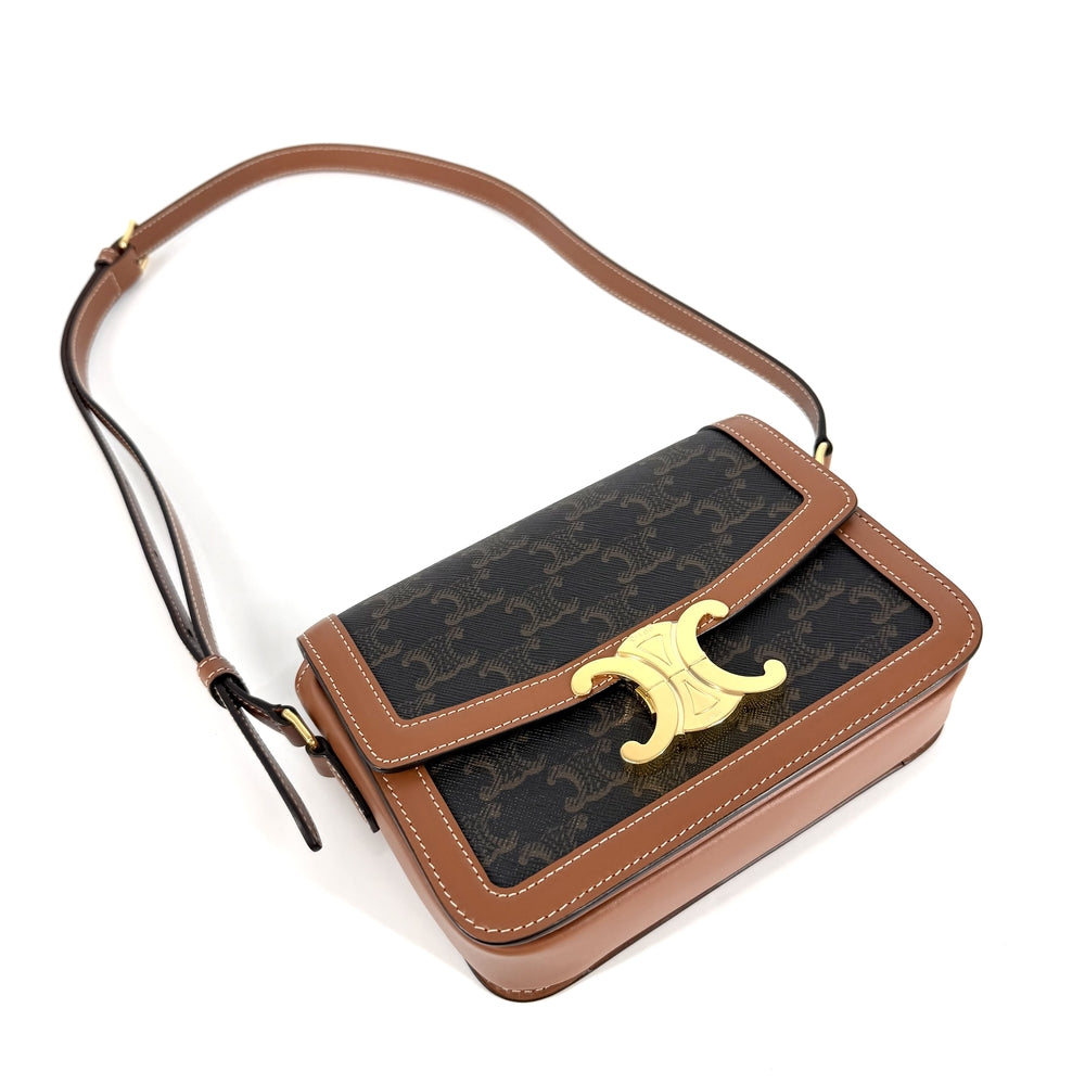 CELINE セリーヌ ショルダーバッグ ティーン トリオンフ PVCコーティングキャンバス レザー ブラウン 茶 ゴールド金具 レディース【中古品】