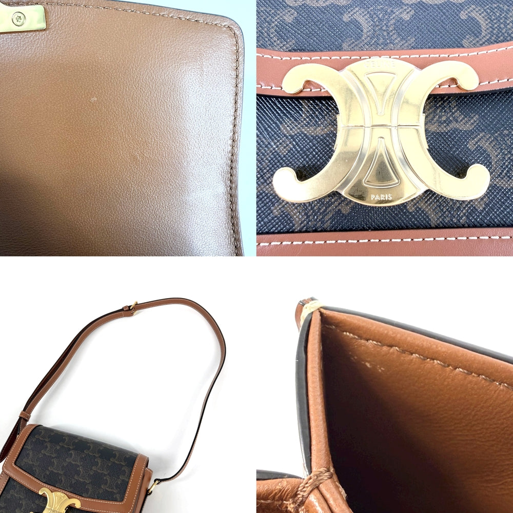 CELINE セリーヌ ショルダーバッグ ティーン トリオンフ PVCコーティングキャンバス レザー ブラウン 茶 ゴールド金具 レディース【中古品】