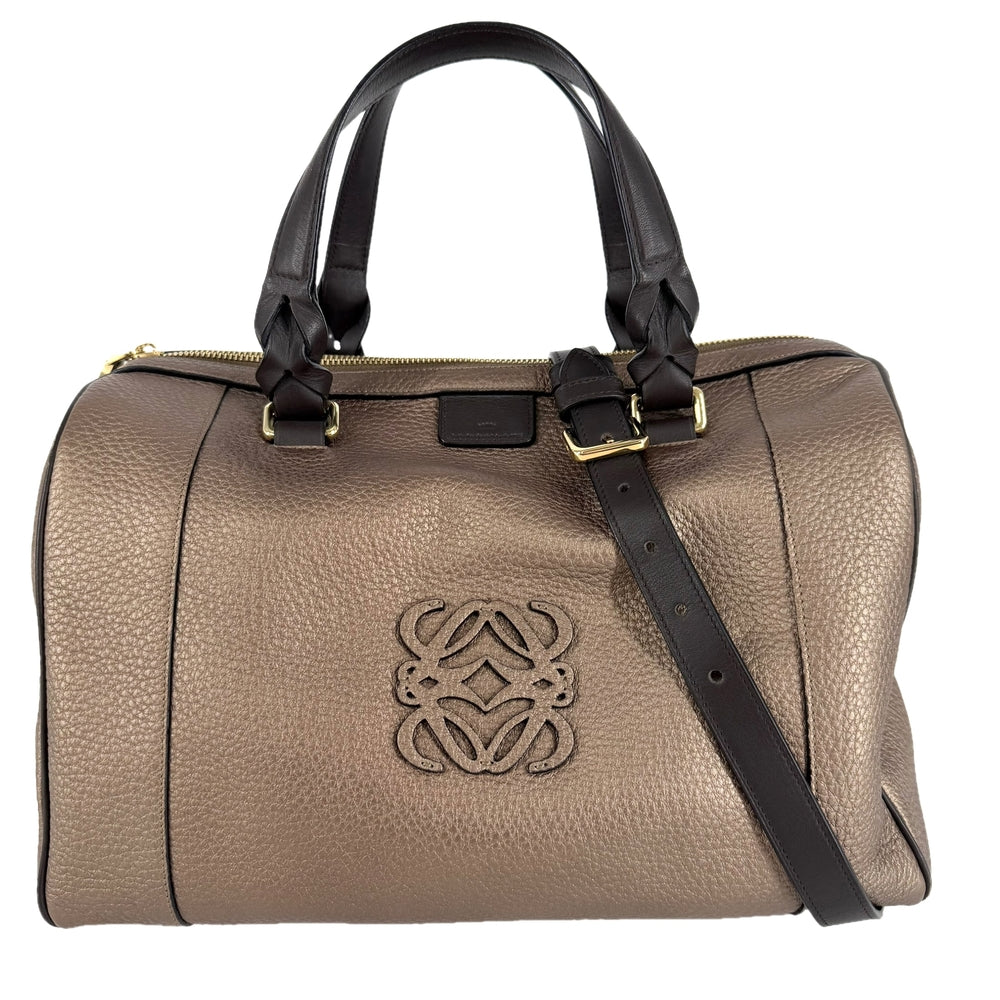 LOEWE ロエベ 2WAY フスタ アナグラム トートバッグ ハンドバッグ ボストンバッグ メタリック ブロンズ レザー ブラウン 茶 ゴールド金具 レディース【中古品】