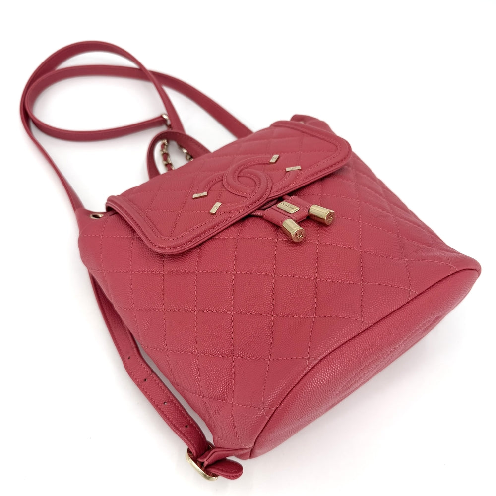 CHANEL シャネル リュック CCフィリグリー マトラッセ バックパック チェーンショルダー ココマーク キャビアスキン ピンク ゴールド金具 レディース【中古品】
