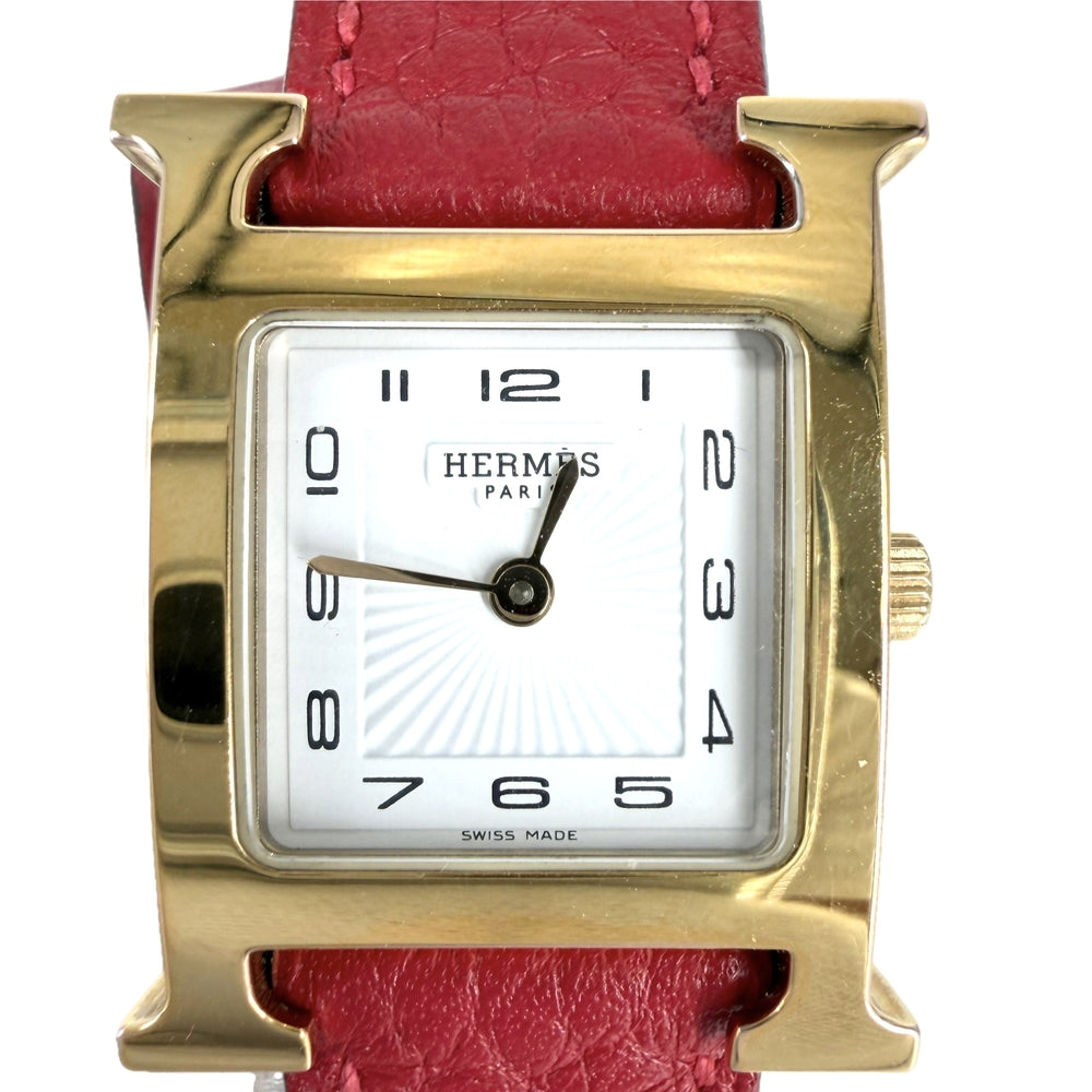HERMES エルメス 腕時計 ドゥブルトゥール Hウォッチ 電池式 ホワイト文字盤 H WATCH HH1.201 クオーツ レザー ゴールド レッド 赤 レディース 2014年【中古品】