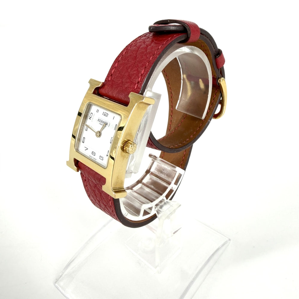 HERMES エルメス 腕時計 ドゥブルトゥール Hウォッチ 電池式 ホワイト文字盤 H WATCH HH1.201 クオーツ レザー ゴールド レッド 赤 レディース 2014年【中古品】