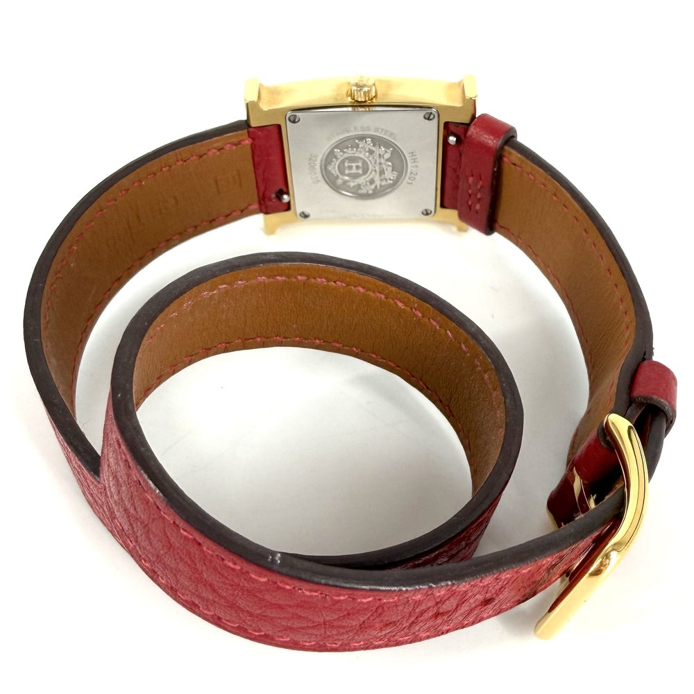HERMES エルメス 腕時計 ドゥブルトゥール Hウォッチ 電池式 ホワイト文字盤 H WATCH HH1.201 クオーツ レザー ゴールド レッド 赤 レディース 2014年【中古品】