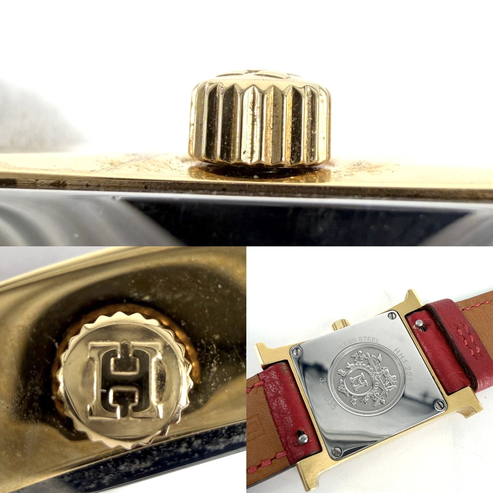 HERMES エルメス 腕時計 ドゥブルトゥール Hウォッチ 電池式 ホワイト文字盤 H WATCH HH1.201 クオーツ レザー ゴールド レッド 赤 レディース 2014年【中古品】