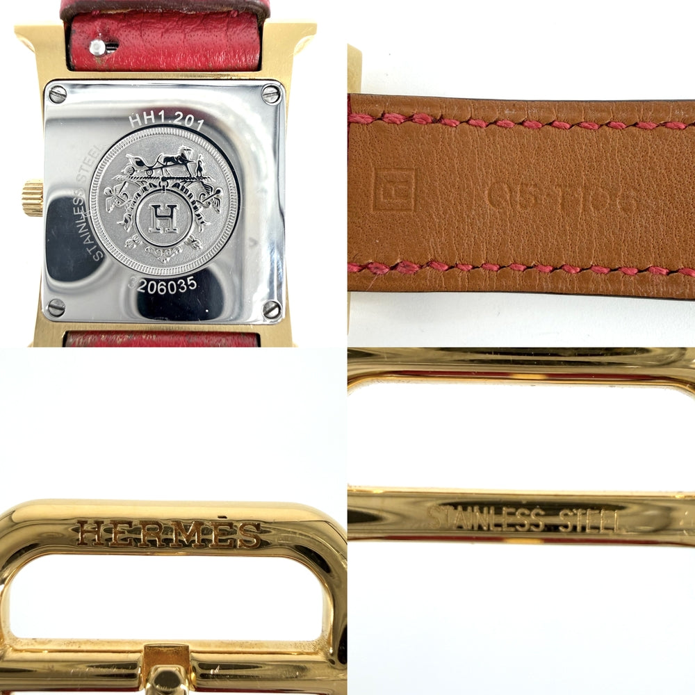 HERMES エルメス 腕時計 ドゥブルトゥール Hウォッチ 電池式 ホワイト文字盤 H WATCH HH1.201 クオーツ レザー ゴールド レッド 赤 レディース 2014年【中古品】