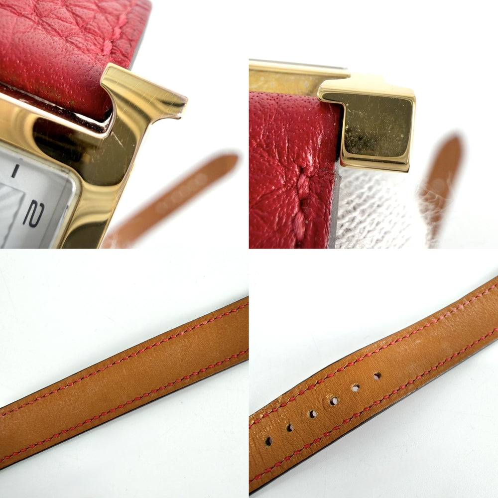 HERMES エルメス 腕時計 ドゥブルトゥール Hウォッチ 電池式 ホワイト文字盤 H WATCH HH1.201 クオーツ レザー ゴールド レッド 赤 レディース 2014年【中古品】