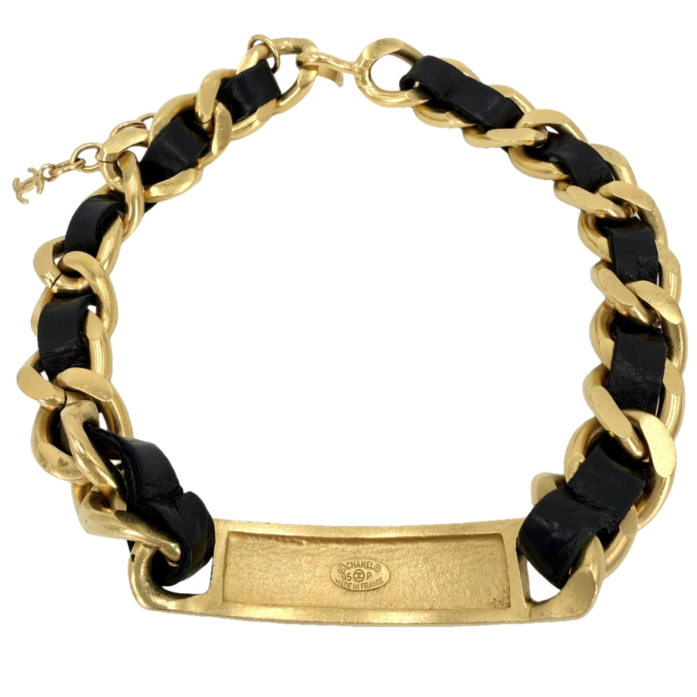 CHANEL シャネル チョーカー ココマーク ロゴプレート アクセサリー ネックレス GP レザー 95P ゴールド ブラック 黒 レディース 約117.4g 1995年【中古品】