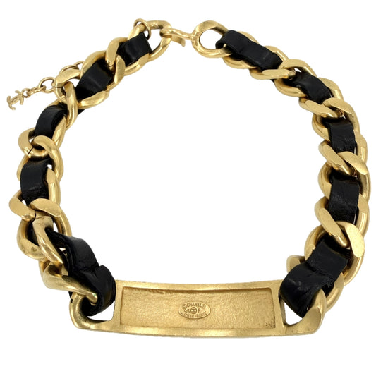 CHANEL シャネル チョーカー ココマーク ロゴプレート アクセサリー ネックレス GP レザー 95P ゴールド ブラック 黒 レディース 約117.4g 1995年【中古品】