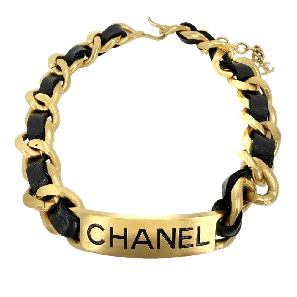 CHANEL シャネル チョーカー ココマーク ロゴプレート アクセサリー ネックレス GP レザー 95P ゴールド ブラック 黒 レディース 約117.4g 1995年【中古品】