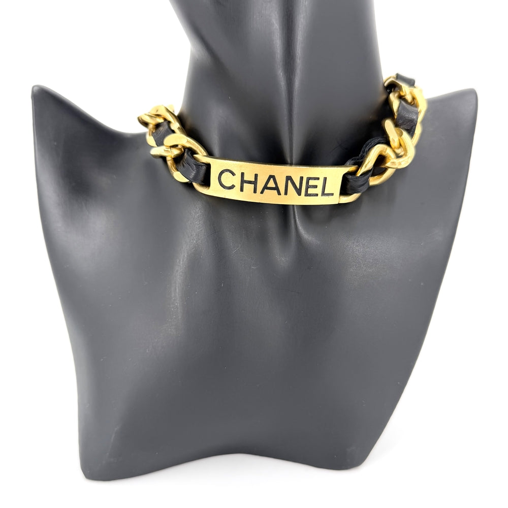 CHANEL シャネル チョーカー ココマーク ロゴプレート アクセサリー ネックレス GP レザー 95P ゴールド ブラック 黒 レディース 約117.4g 1995年【中古品】