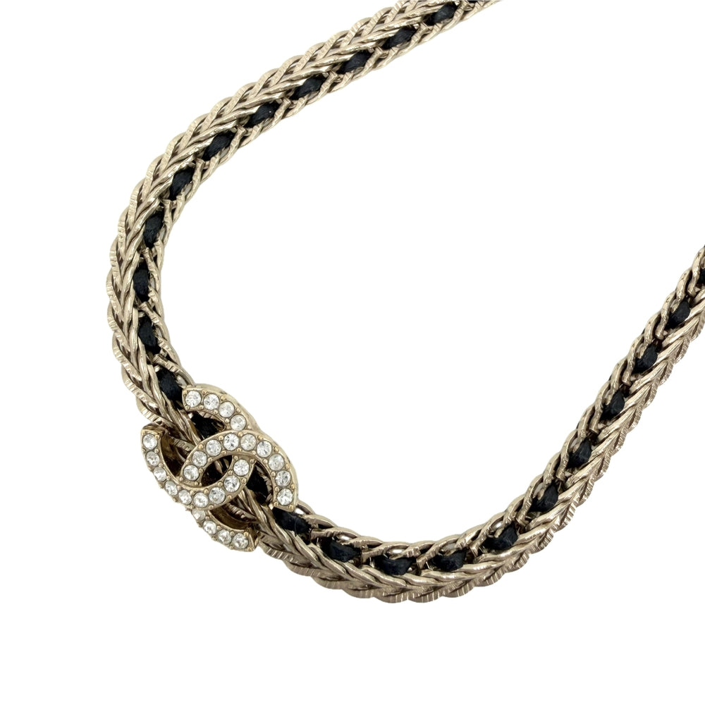 CHANEL シャネル ネックレス チョーカー ココマーク レザーチェーン GP ラインストーン レザー B22S ゴールド ブラック 黒 レディース 約25.0g 2022年【中古品】