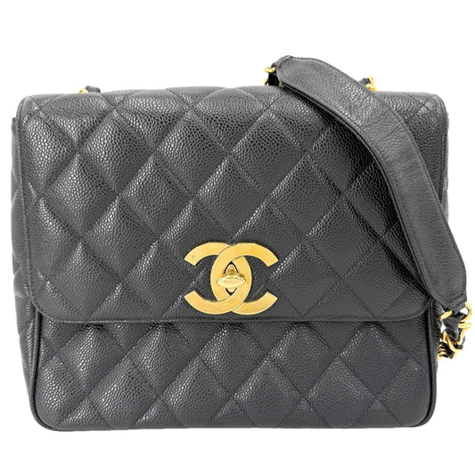 CHANEL シャネル ショルダーバッグ マトラッセ ココマーク スクエア キャビアスキン ブラック 黒 ゴールド金具 レディース【中古品】