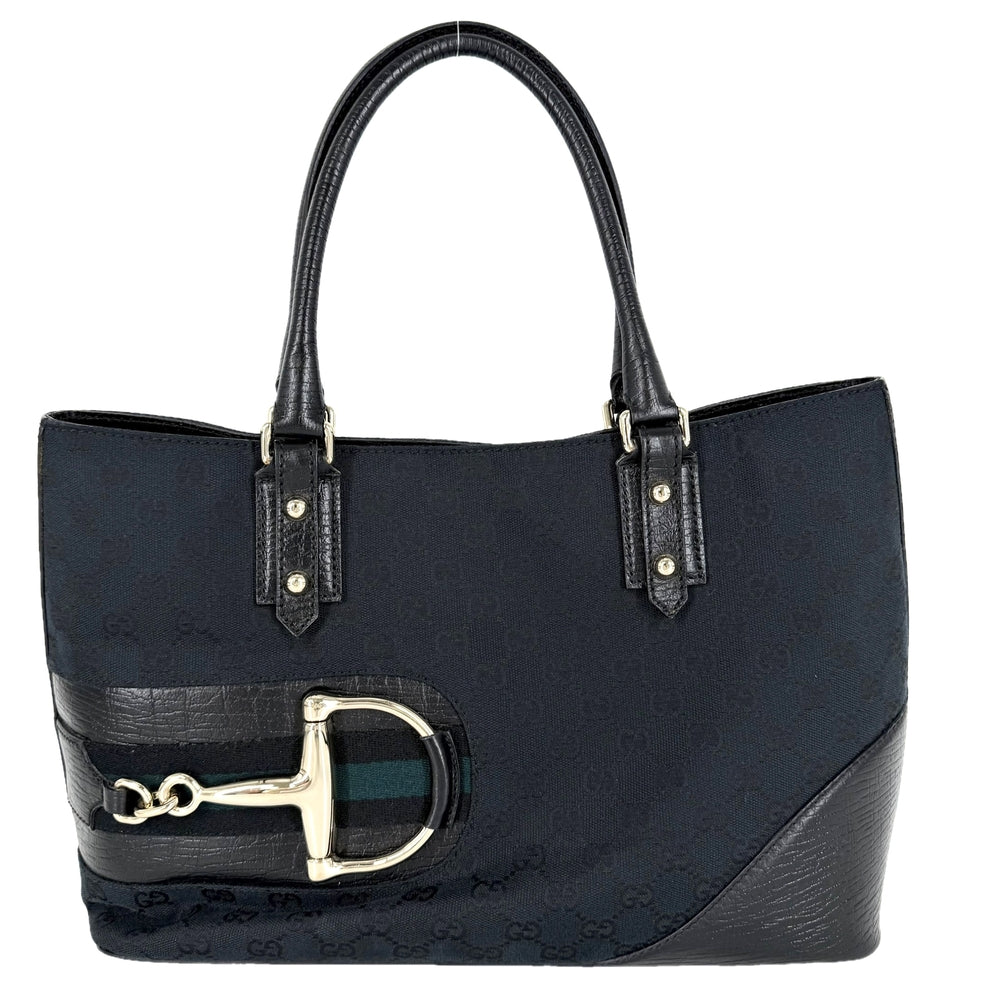 GUCCI グッチ トートバッグ ホースビット 137385 GGキャンバス レザー ブラック 黒 ネイビー 紺 ゴールド金具 レディース【中古品】