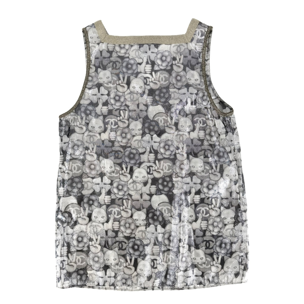 CHANEL シャネル タンクトップ 猫 ハンドサイン トップス ノースリーブ アパレル 服 34 シルバー ゴールド 春 夏 シルク ポリエステル レディース【中古品】