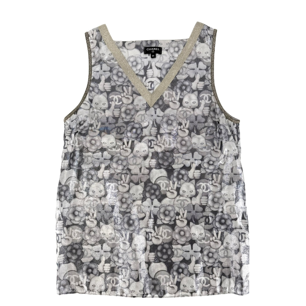CHANEL シャネル タンクトップ 猫 ハンドサイン トップス ノースリーブ アパレル 服 34 シルバー ゴールド 春 夏 シルク ポリエステル レディース【中古品】