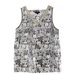 CHANEL シャネル タンクトップ 猫 ハンドサイン トップス ノースリーブ アパレル 服 34 シルバー ゴールド 春 夏 シルク ポリエステル レディース【中古品】