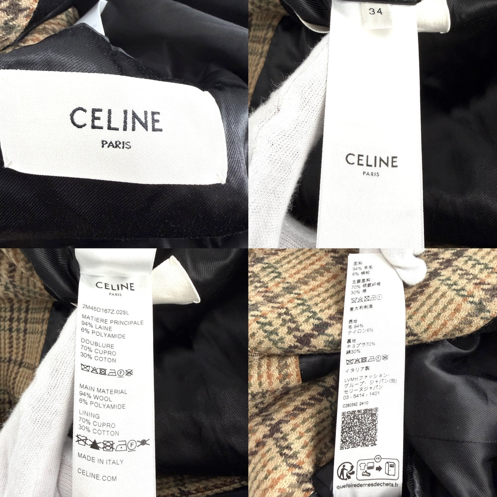 CELINE セリーヌ コート チェック ロングコート アウター 服 アパレル 34 ブラウン 茶 ゴールド金具 秋 冬 ウール ナイロン レディース【中古品】