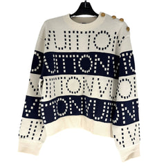 LOUIS VUITTON ルイヴィトン ニット シグネチャーチャンキーストライプ プルオーバー 長袖 アパレル 服 XS ホワイト 白 ネイビー 紺 ゴールド金具 秋 冬 ウール ポリプロピレン ナイロン ポリウレタン レディース【中古品】