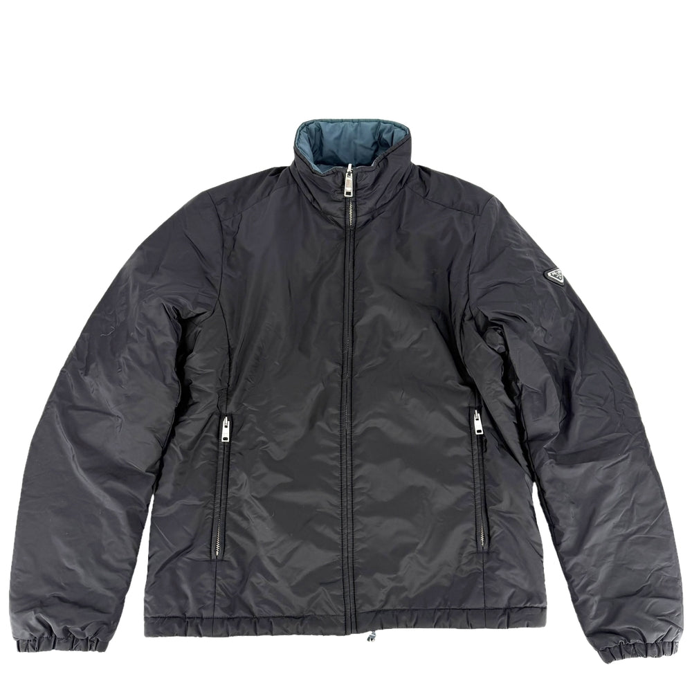 PRADA プラダ ブルゾン リバーシブル アウター トライアングルロゴ アパレル 服 48 SGB223 ブラック 黒 ブルー 青 シルバー金具 秋 冬 ポリアミド メンズ【中古品】