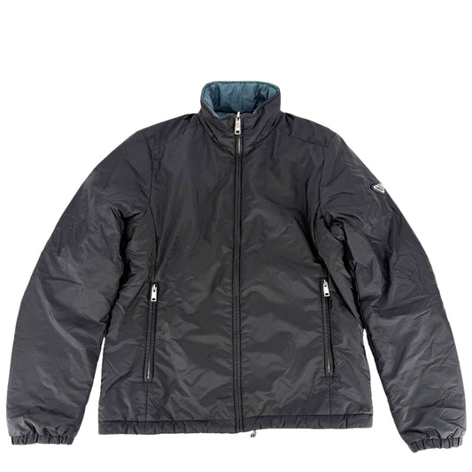 PRADA プラダ ブルゾン リバーシブル アウター トライアングルロゴ アパレル 服 48 SGB223 ブラック 黒 ブルー 青 シルバー金具 秋 冬 ポリアミド メンズ【中古品】