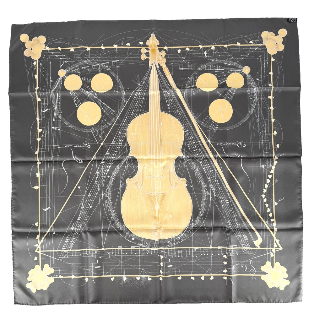 HERMES エルメス スカーフ カレ90 球体が奏でる音楽 ファッションアイテム La Musique des Spheres シルク ダークグレー レディース【中古品】