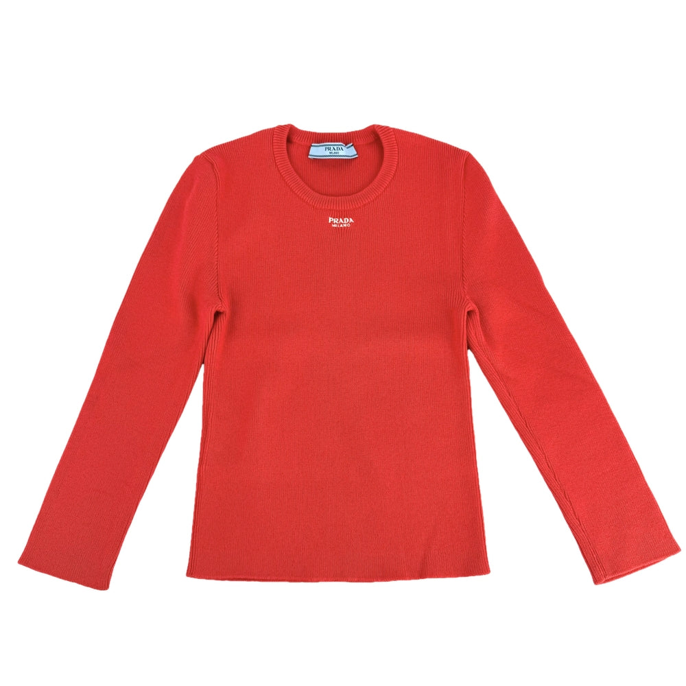 PRADA プラダ ニット ロゴ クロップド 長袖 トップス アパレル 服 36 P24V1P レッド 赤 秋 冬 コットン ポリアミド エラステイン レディース【中古品】