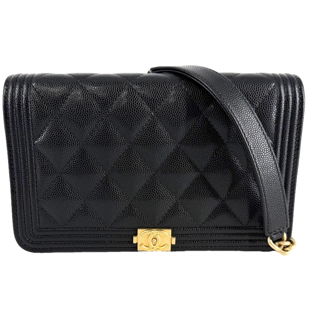 CHANEL シャネル チェーンウォレット マトラッセ ボーイシャネル ココマーク BOY CHANEL キャビアスキン ブラック 黒 マットゴールド金具 レディース【中古品】