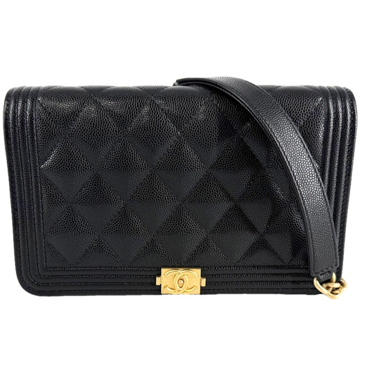 CHANEL シャネル チェーンウォレット マトラッセ ボーイシャネル ココマーク BOY CHANEL キャビアスキン ブラック 黒 マットゴールド金具 レディース【中古品】