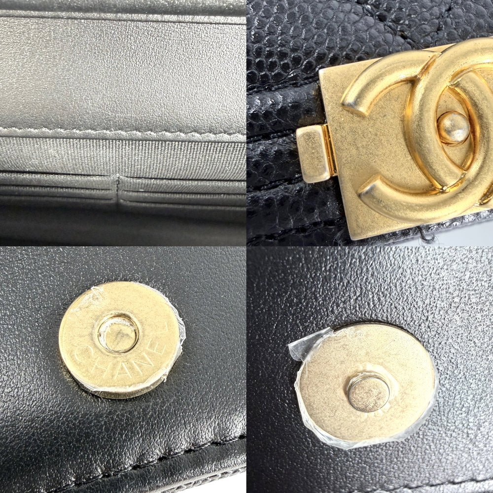 CHANEL シャネル チェーンウォレット マトラッセ ボーイシャネル ココマーク BOY CHANEL キャビアスキン ブラック 黒 マットゴールド金具 レディース【中古品】