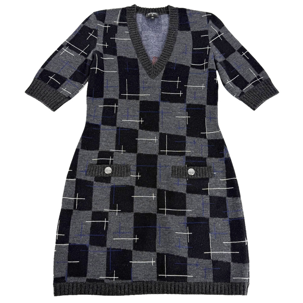 CHANEL シャネル ワンピース ニット Vネック チェック アパレル 服 34 P71378K10264 ブラック 黒 グレー 秋 冬 カシミヤ ウール シルク レディース【中古品】