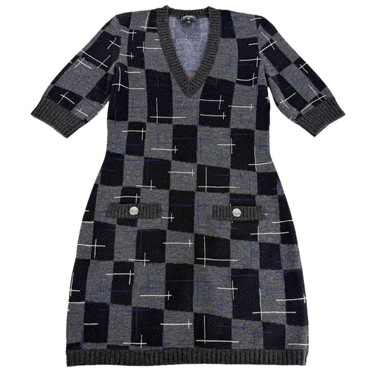 CHANEL シャネル ワンピース ニット Vネック チェック アパレル 服 34 P71378K10264 ブラック 黒 グレー 秋 冬 カシミヤ ウール シルク レディース【中古品】