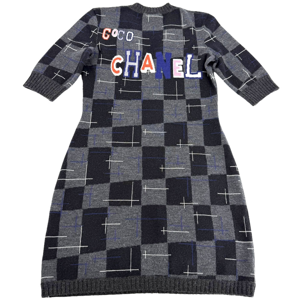 CHANEL シャネル ワンピース ニット Vネック チェック アパレル 服 34 P71378K10264 ブラック 黒 グレー 秋 冬 カシミヤ ウール シルク レディース【中古品】